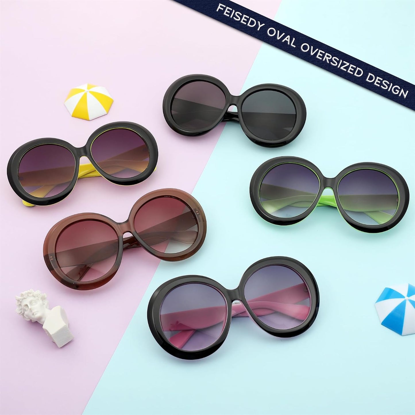 商品图片 6 | B0C7ZVD4MD | FEISEDY Oval Oversized Trendy Sunglasses Women Men Stylish Retro Big Frame Vacation Sun Glasees UV400 Protection B0017