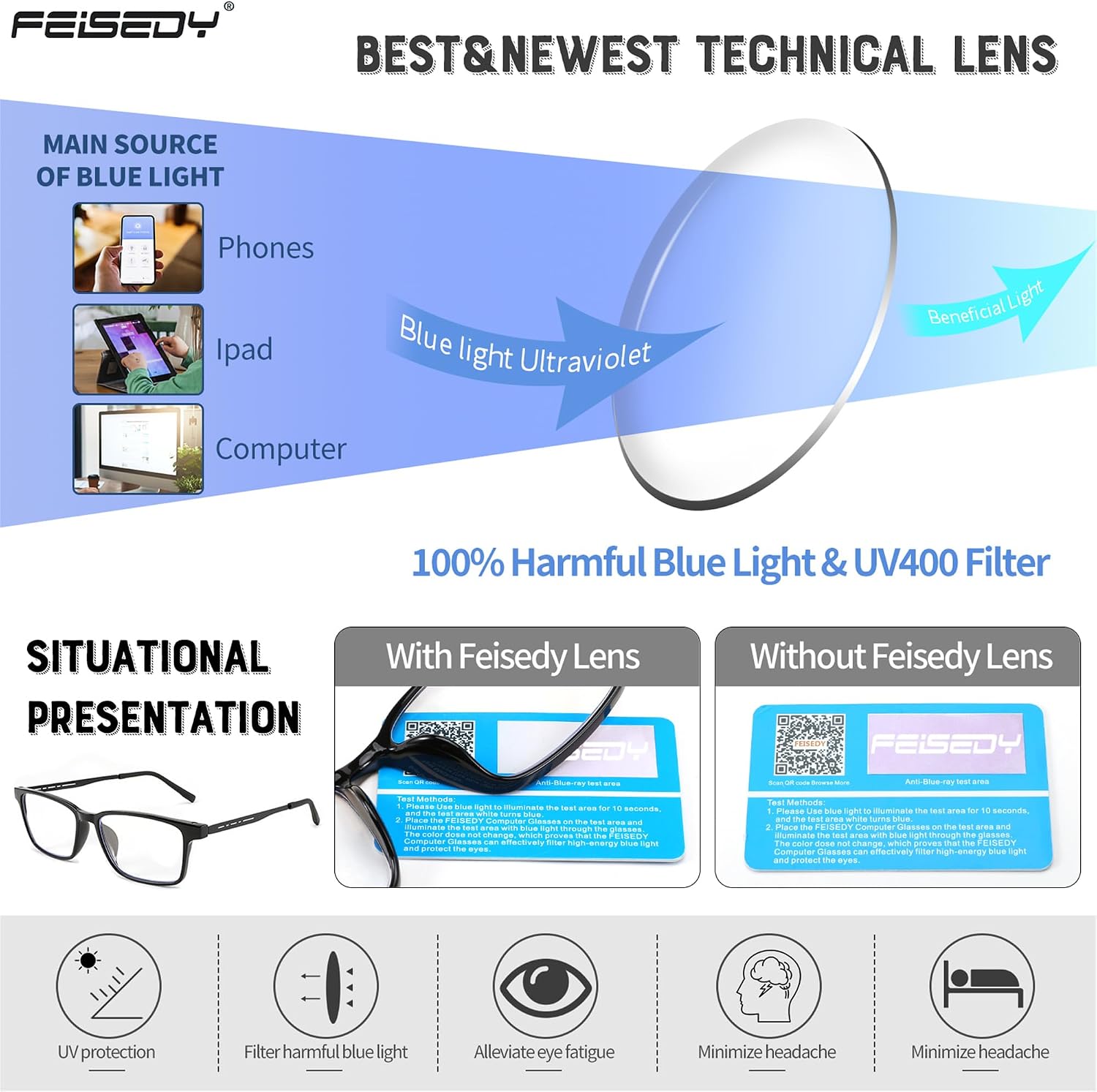商品图片 6 | B0C76TH7N3 | FEISEDY Lightweight TR90 Flexible Titanium B Rectangle Reading Glasses Anti-Blue Light Eyeglass B0018