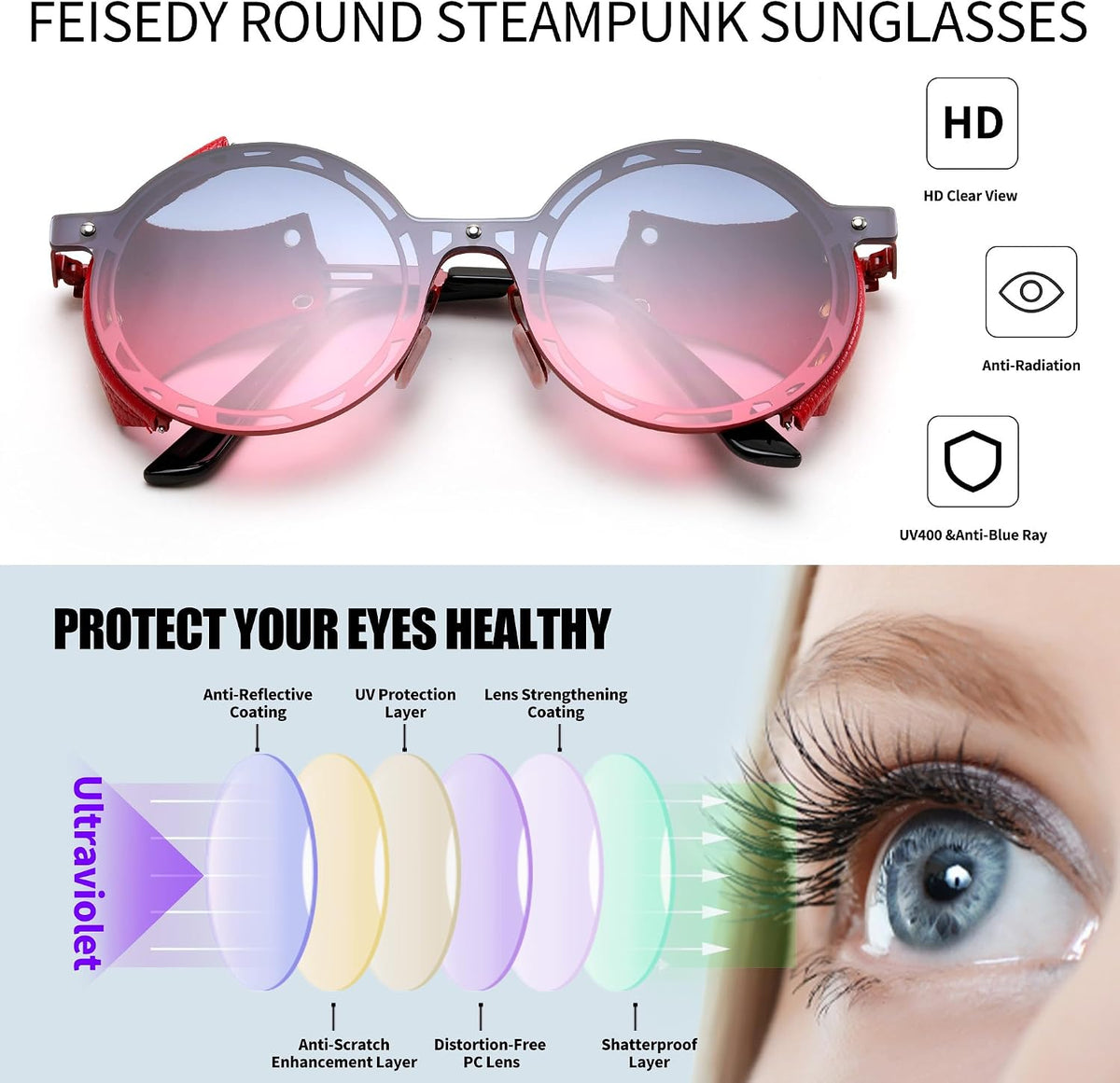 ÉÌƷͼƬ 11 | B0CZDVFVSJ | FEISEDY Retro Round Steampunk Sunglasses Women Men Vintage Eyewear Metal Frame Leatherwear B0140
