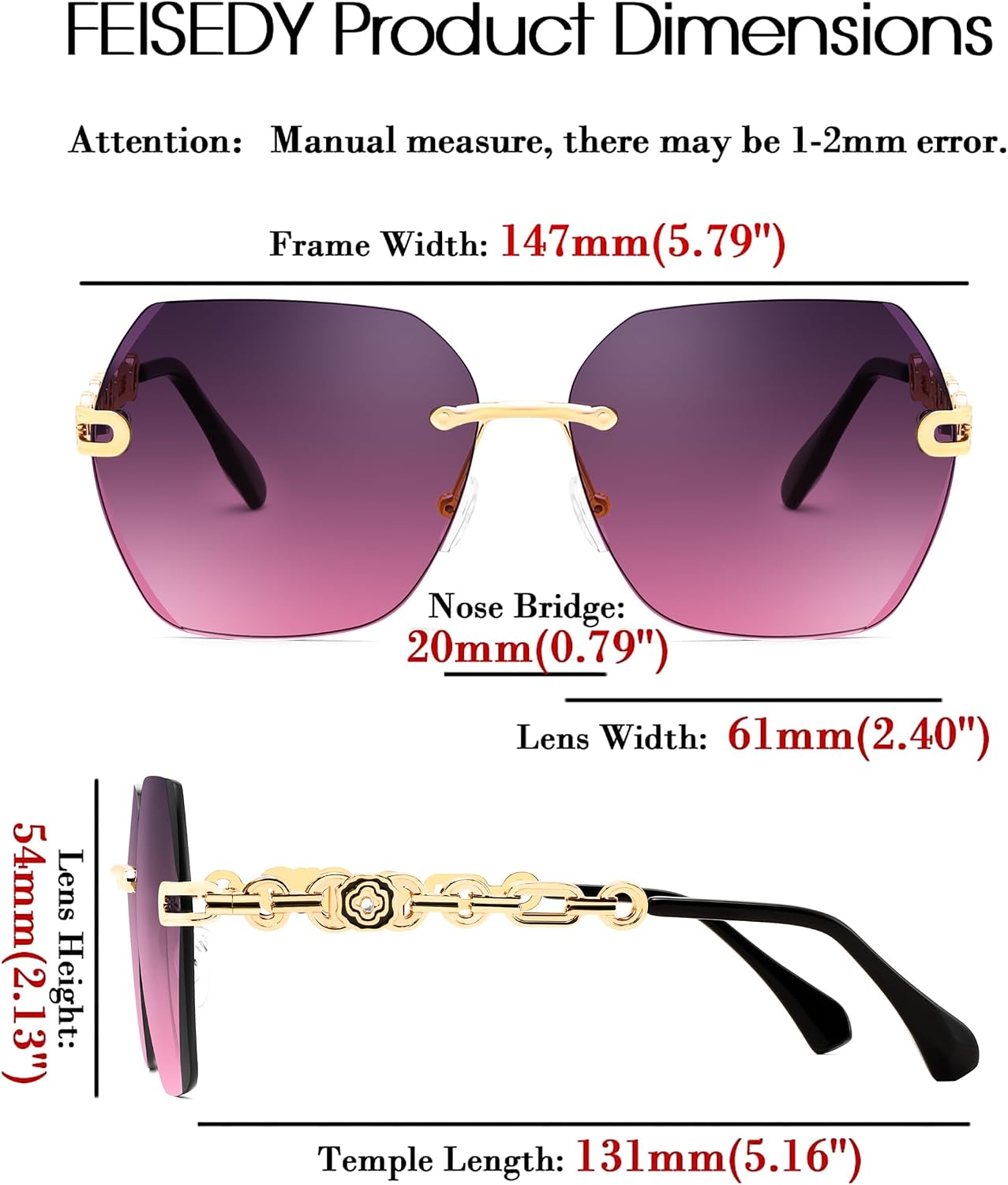 商品图片 44 | B083VRLS2Q | FEISEDY Classic Rimless Sunglasses Women Metal Frame Diamond Cutting Lens Sun Glasses B2567