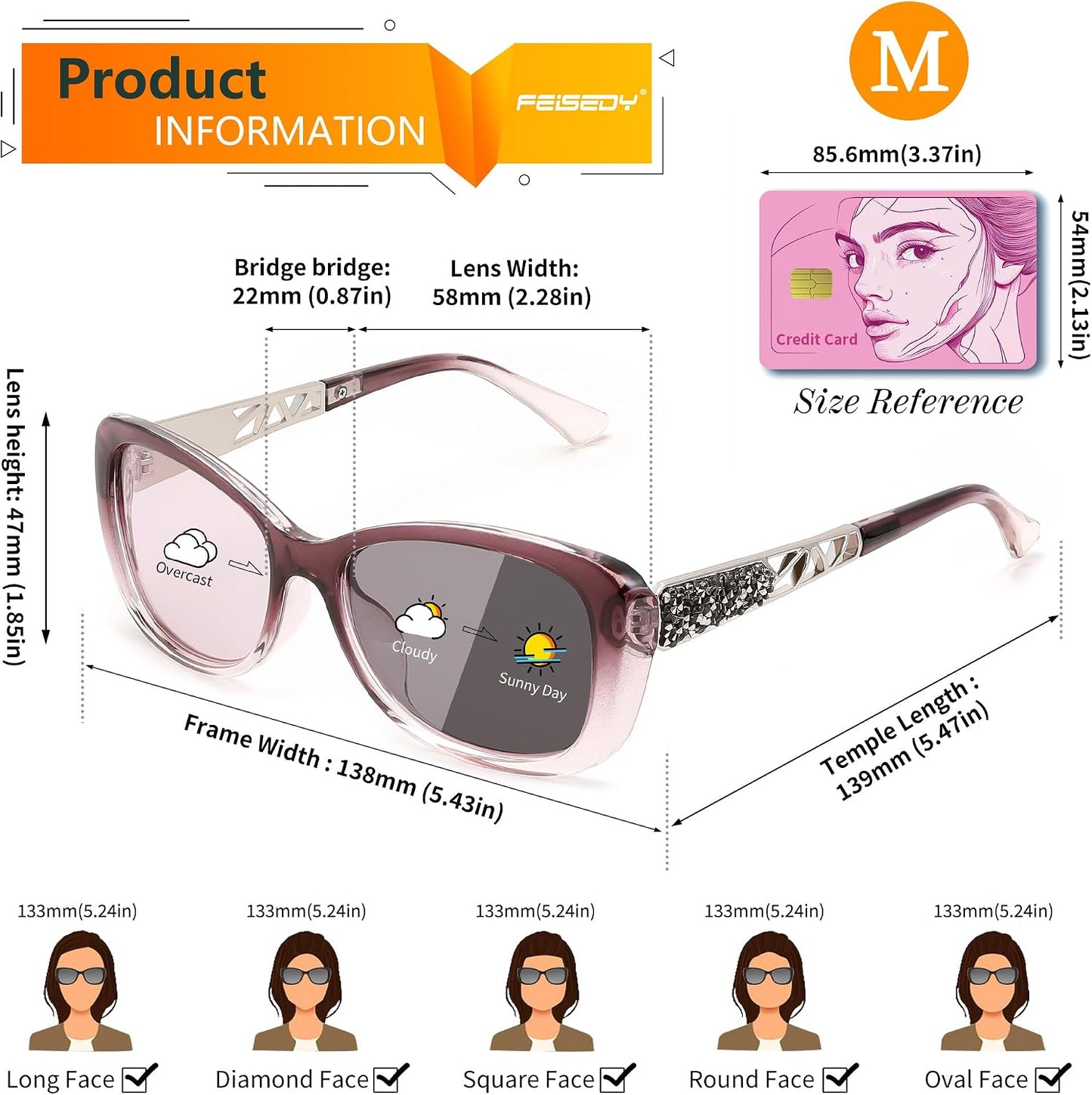 商品图片 4 | B0D2RBKKPD | FEISEDY Polarized Women Sunglasses Retro Shades Photochromic Lens Sparkling Crystal Sunglasses UV400 Protection B0144