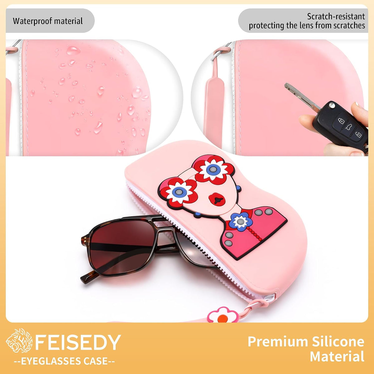 ÉÌƷͼƬ 3 | B0GFYLNWFJ | FEISEDY 2Pack Cartoon Silicone Glasses Pouch with Carrying Strap Cute Protective Eyewear Case for Travel B0386