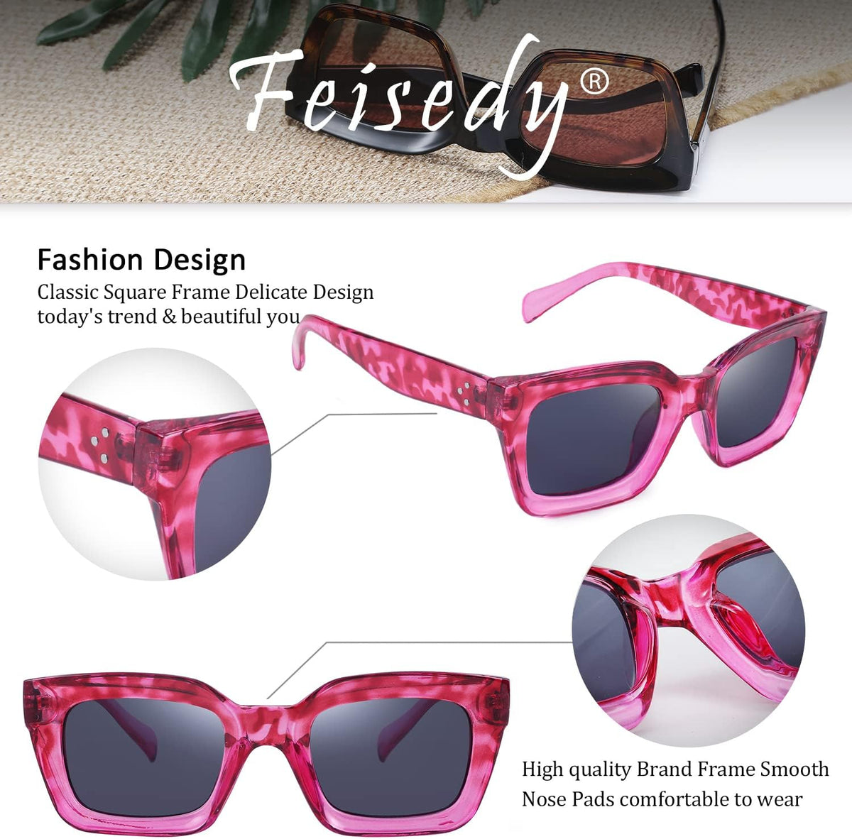 ÉÌƷͼƬ 38 | B07MNGNLNT | FEISEDY Classic Women Sunglasses Fashion Thick Square Sun Glasses B2471