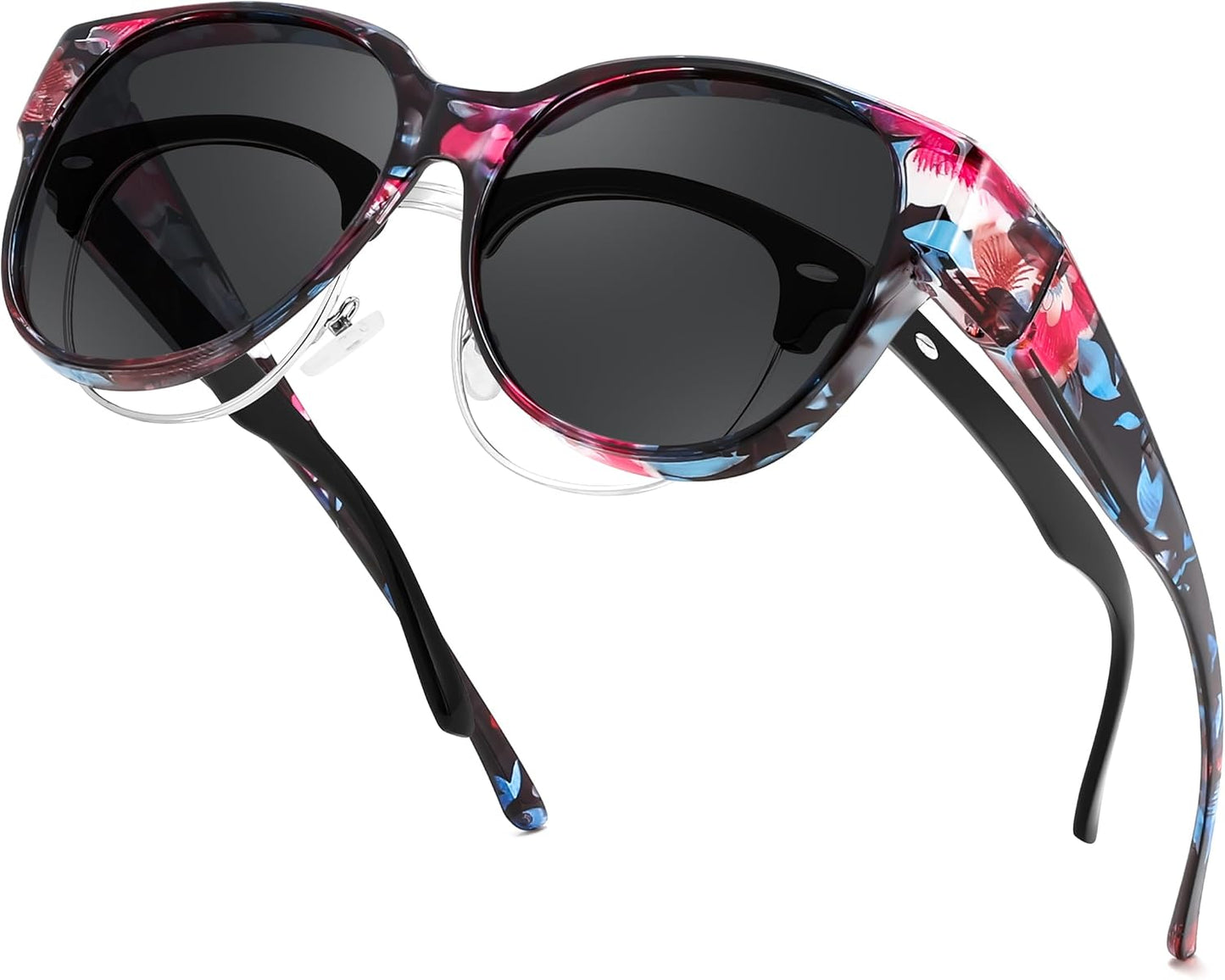 Floral Frame & Grey Lens / 55 Millimeters | B0H4Q1NYBM | FEISEDY Fit Over Glasses Polarized Sunglasses, UV400 Protection for Driving & Outdoor Activities B0328