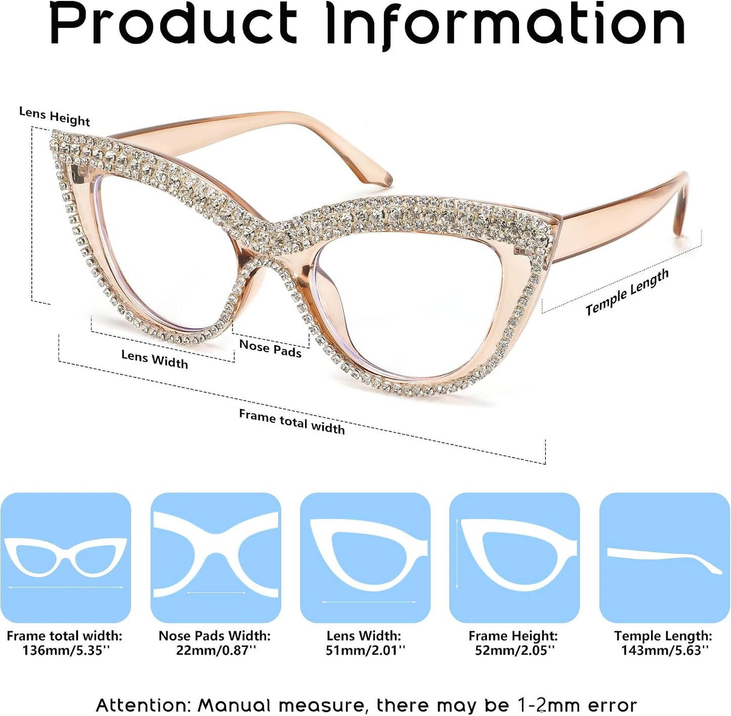 商品图片 34 | B0BLH5NHK8 | FEISEDY Diamond Blue Light Blocking Glasses Cat Eye Rhinestone Women Oversized Anti Eyestrain Computer Glasses Frame B2358