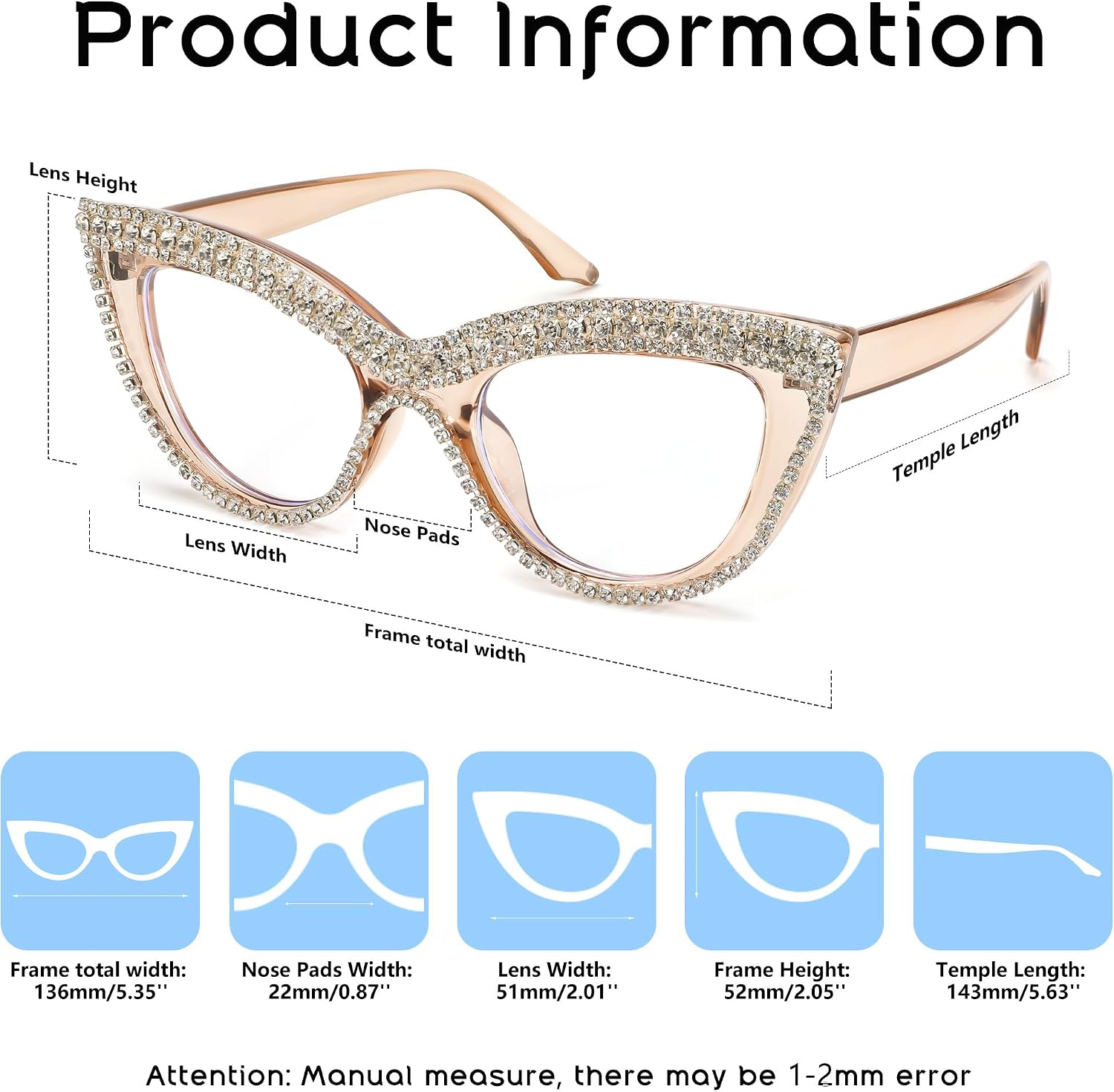 商品图片 34 | B0BLH5NHK8 | FEISEDY Diamond Blue Light Blocking Glasses Cat Eye Rhinestone Women Oversized Anti Eyestrain Computer Glasses Frame B2358