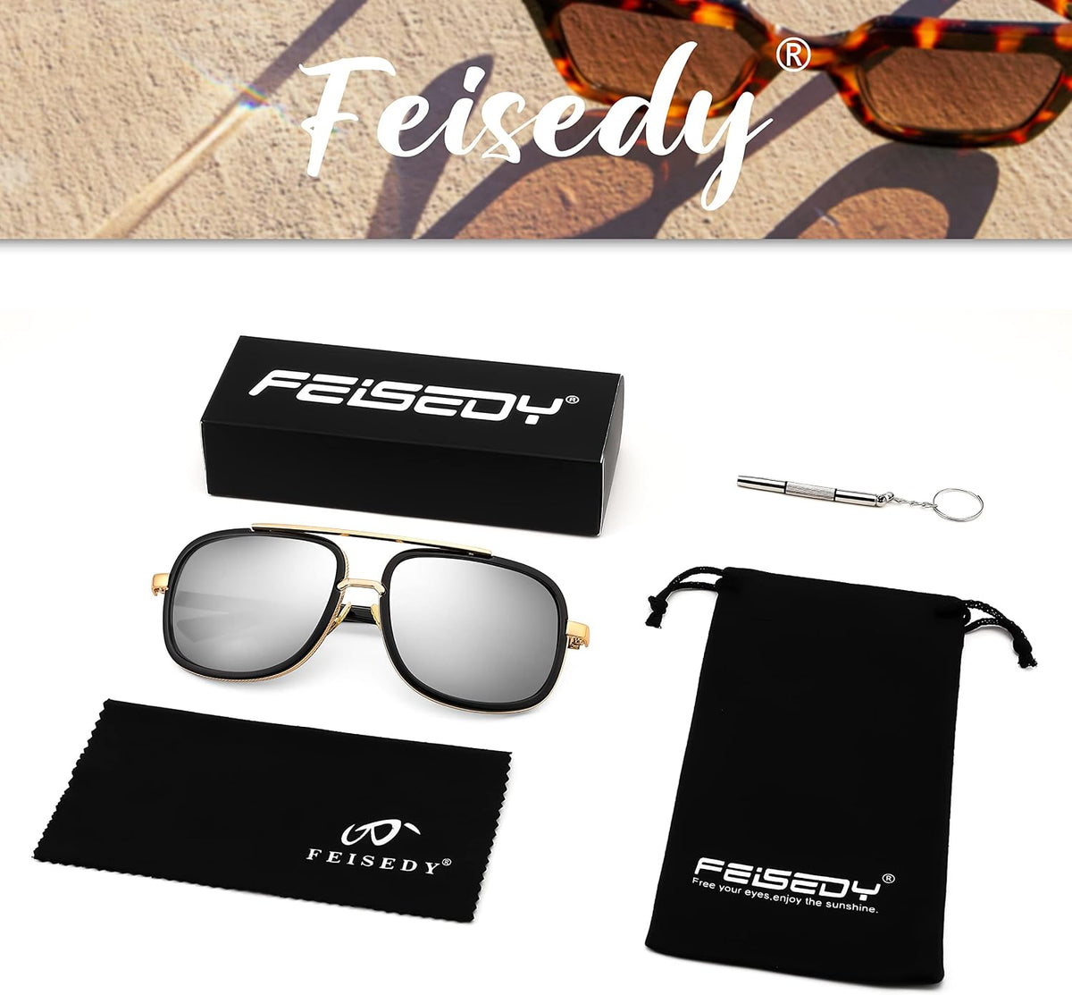 ÉÌƷͼƬ 23 | B0B681YMF5 | FEISEDY Retro Trendy Aviator Sunglasses Women Men Classic Vintage Square Sunglasses 70s Large Metal Shades B2321