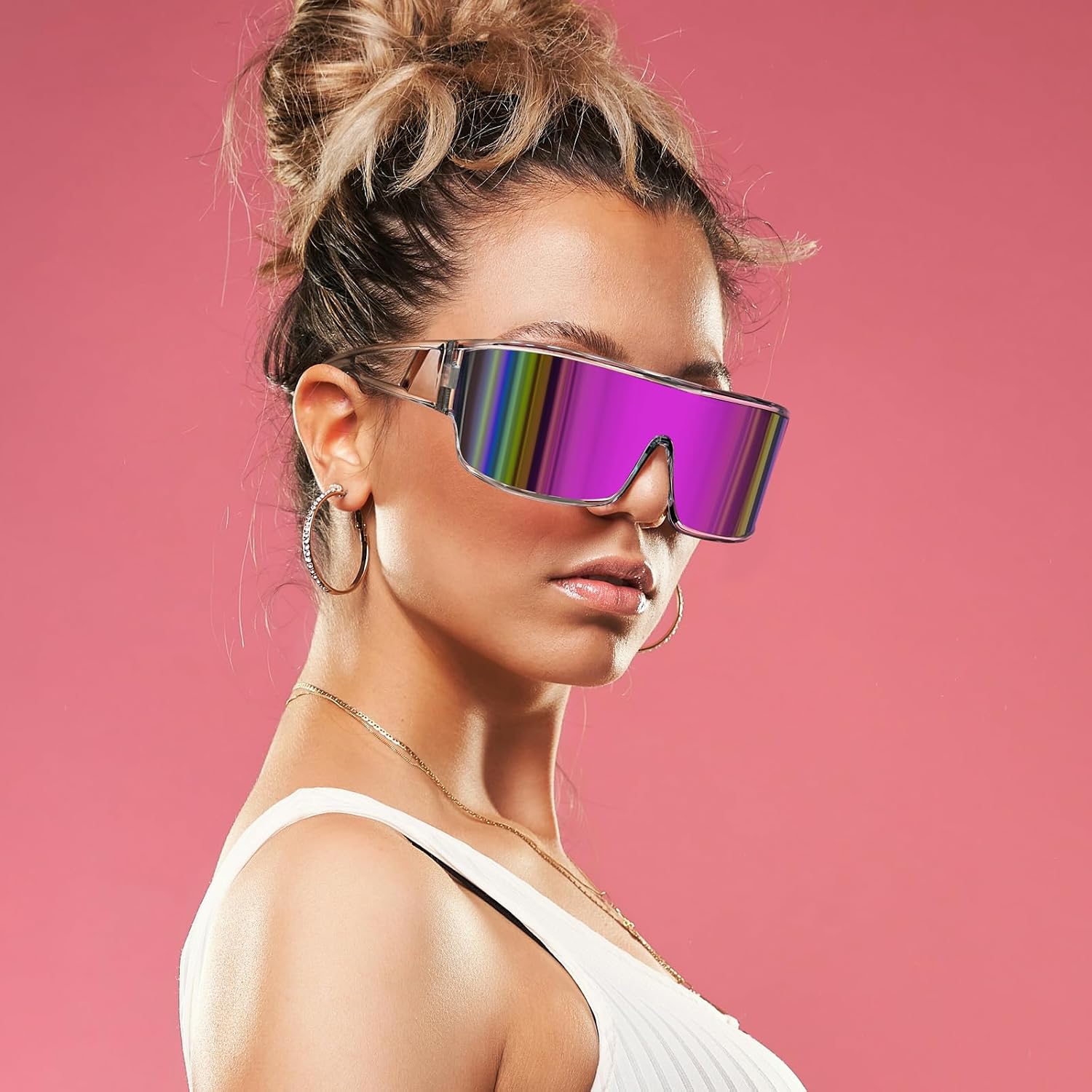 商品图片 3 | B0D3PKKSD9 | FEISEDY Trendy Futuristic Wrap Sunglasses Flat Top Mirrored One Piece Lens Reflective Sun Glasses for Women Men B0161