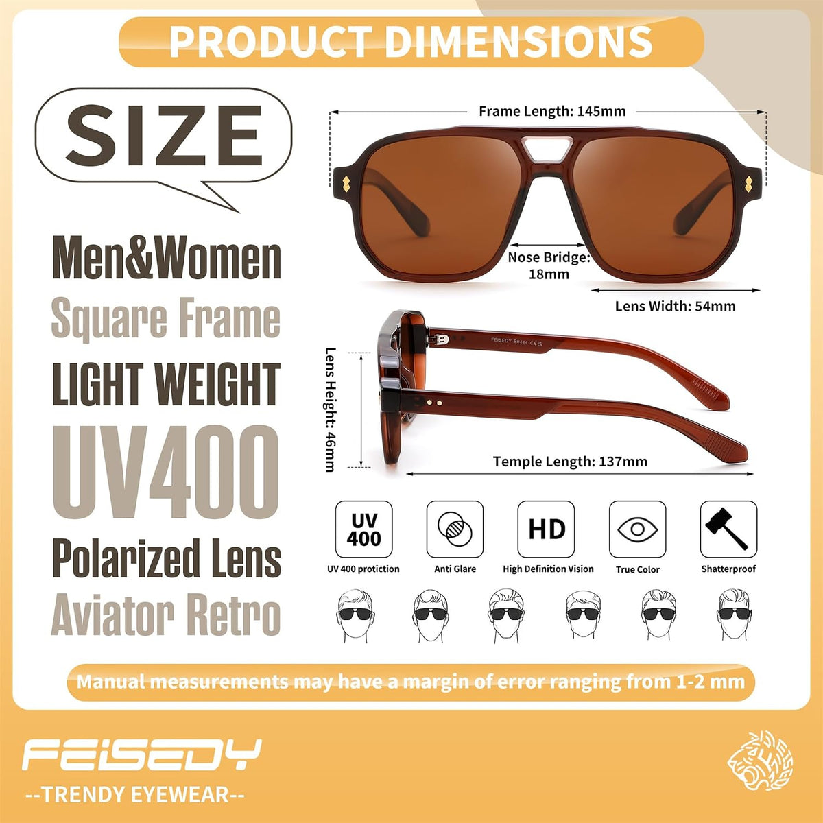 ÉÌƷͼƬ 30 | B0H79Y4V6B | FEISEDY Retro Aviator Square Polarized Sunglasses Women Men Trendy B0444