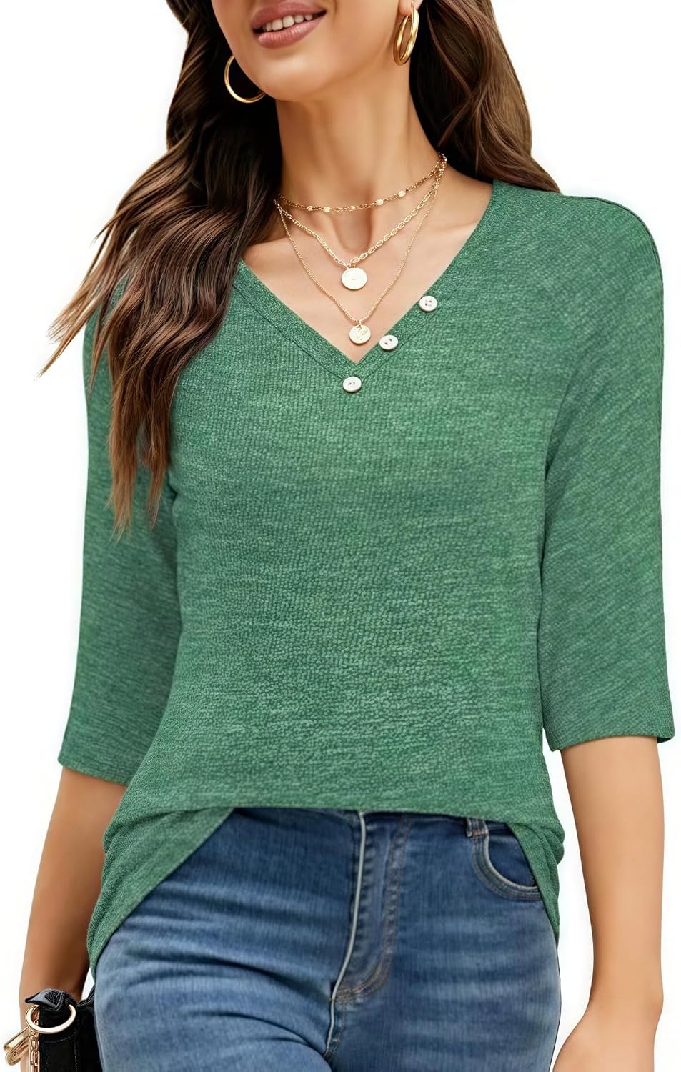 Large / Green | B0H1MJ7KGH | Women's 3/4 Sleeve V Neck Raglan Tunic Tops Button Detail Dressy Casual Business Blouses 2026 Spring Summer Shirts