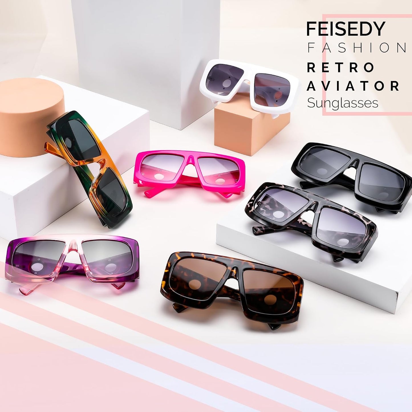 商品图片 7 | B0CYX6Y87W | FEISEDY Retro Oversized Avaitor Sunglasses for Women Men Bold Thick Frame Flat Top Shades B0126
