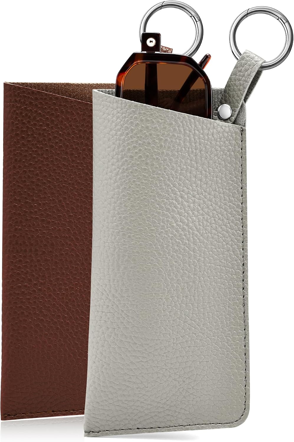 Grey + Brown | B0FKBHYG94 | FEISEDY 2Pack Portable Glasses Case with Clip Hook, Soft Leather Eyeglass case Bag, Slim Sunglasses Pouch B0313