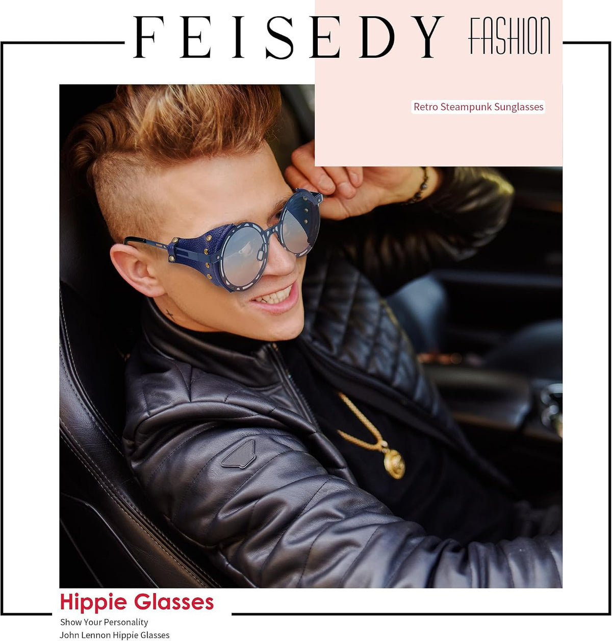 ÉÌƷͼƬ 2 | B0CZDVFVSJ | FEISEDY Retro Round Steampunk Sunglasses Women Men Vintage Eyewear Metal Frame Leatherwear B0140