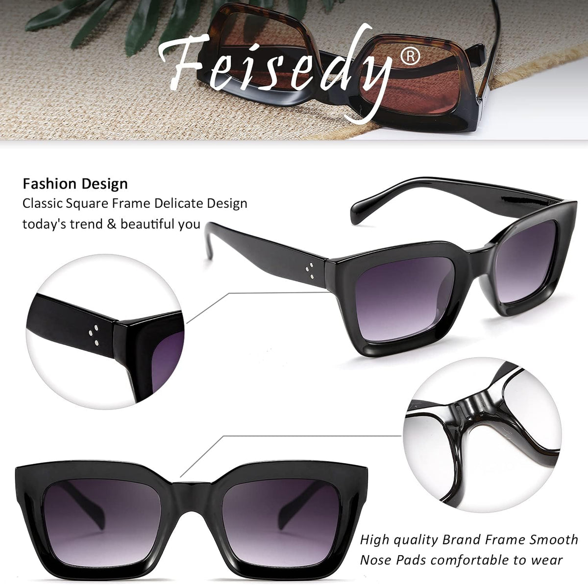 ÉÌƷͼƬ 22 | B07MNGNLNT | FEISEDY Classic Women Sunglasses Fashion Thick Square Sun Glasses B2471