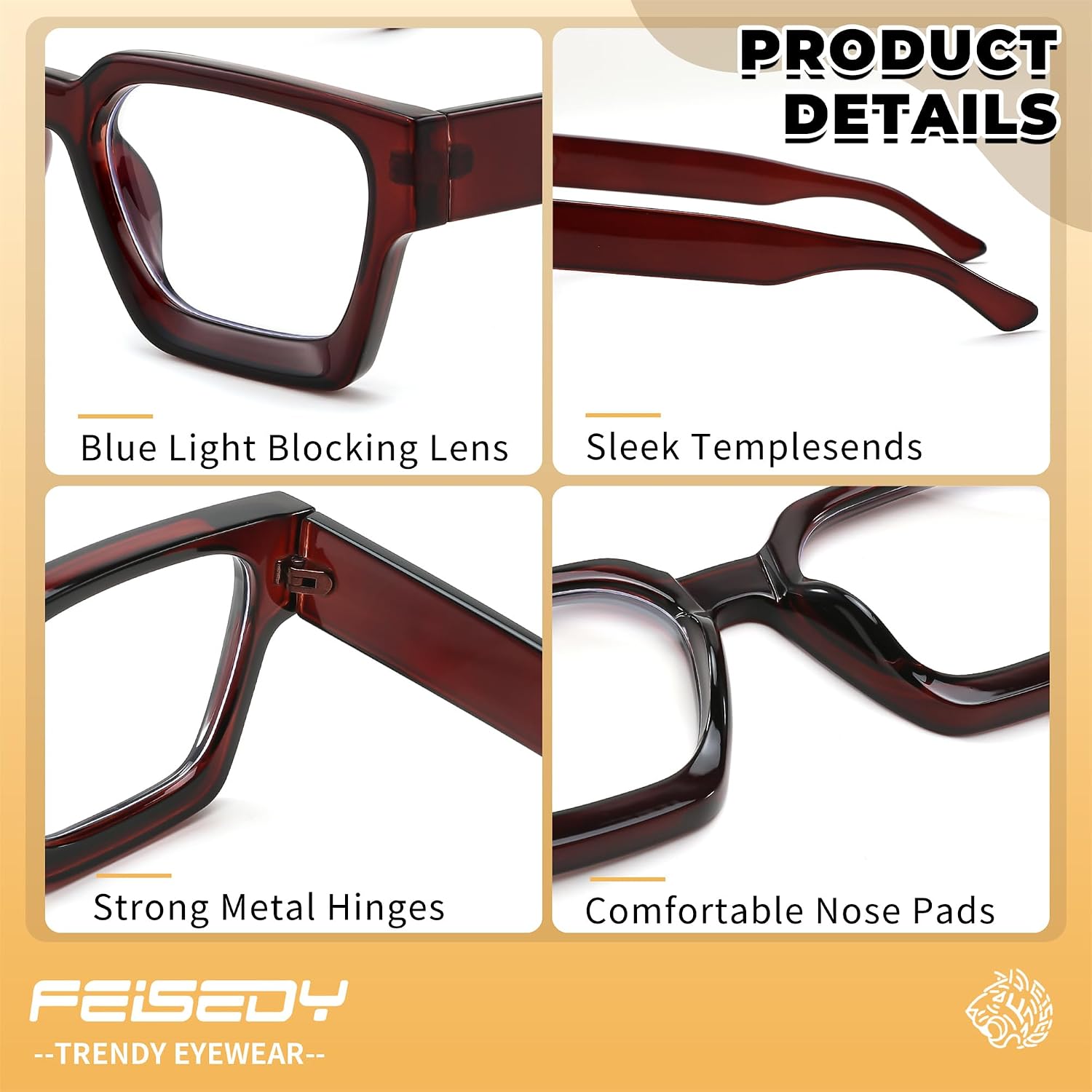 商品图片 11 | B0DXDYMMPM | FEISEDY Retro Blue Light Blocking Glasses for Women Men 90s Classic Rectangle Frame Thick Chic Computer Eyeglasses B2383R