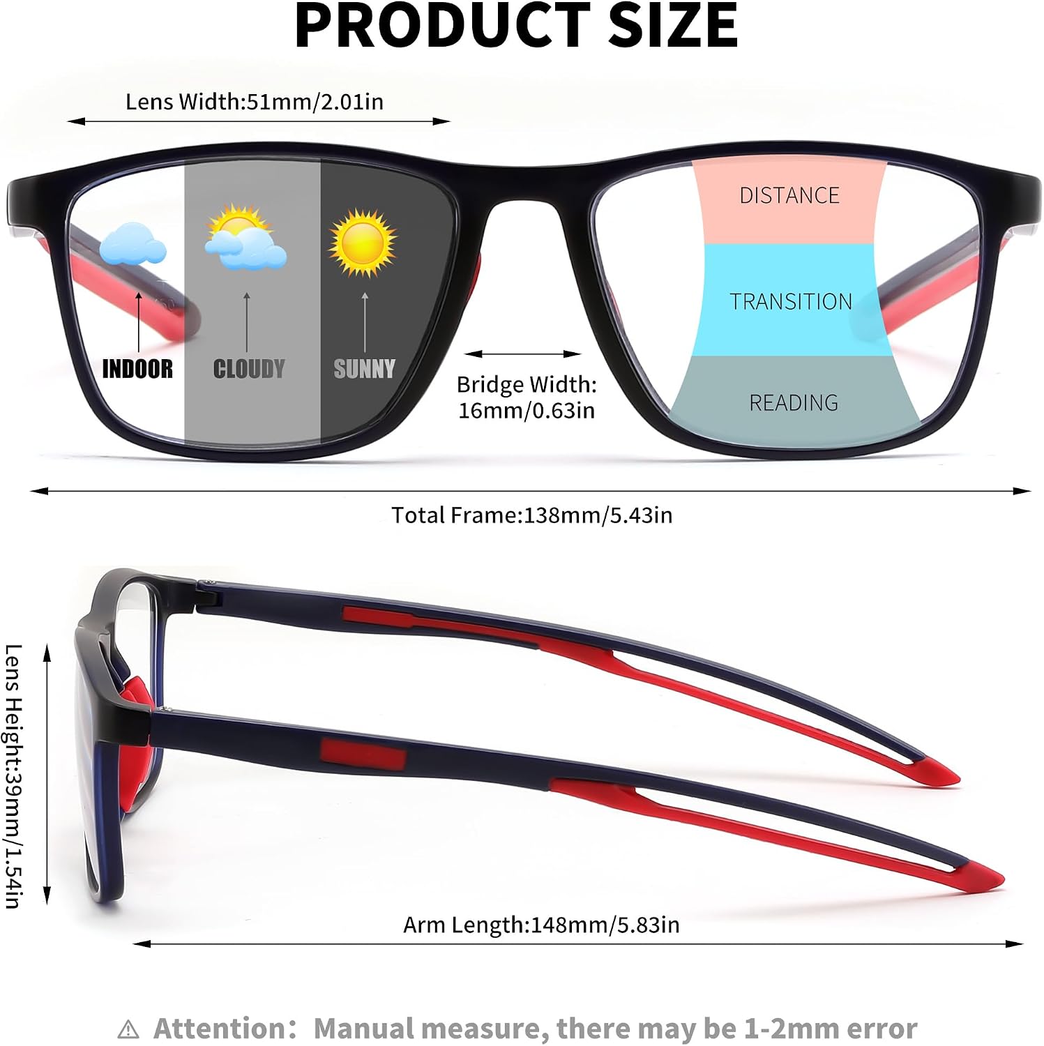 商品图片 14 | B0GLF6C715 | FEISEDY Progressive Multifocal Reading Glasses Blue Light Blocking B0397 | Sports Square Frame Near-Far Dual Use Blue Light Blocking Reading Glasses for Women Men