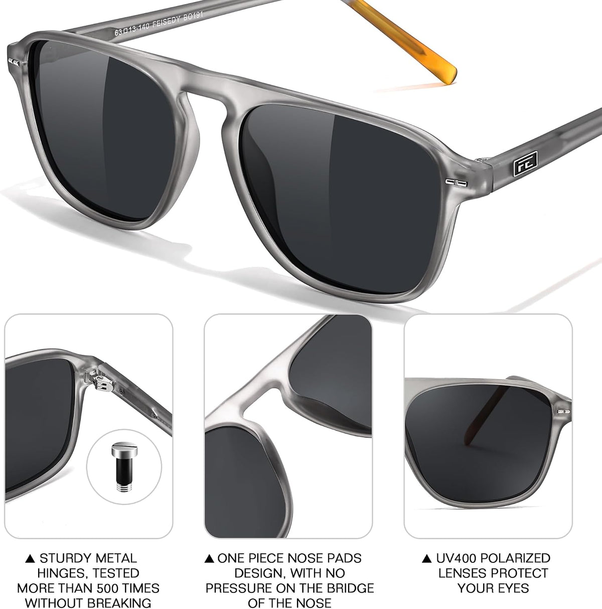 ÉÌƷͼƬ 5 | B0F4D461TF | FEISEDY Polarized Aviator Mens Sunglasses Square Modern Women Vintage Style Acetate Frame UV400 B0191