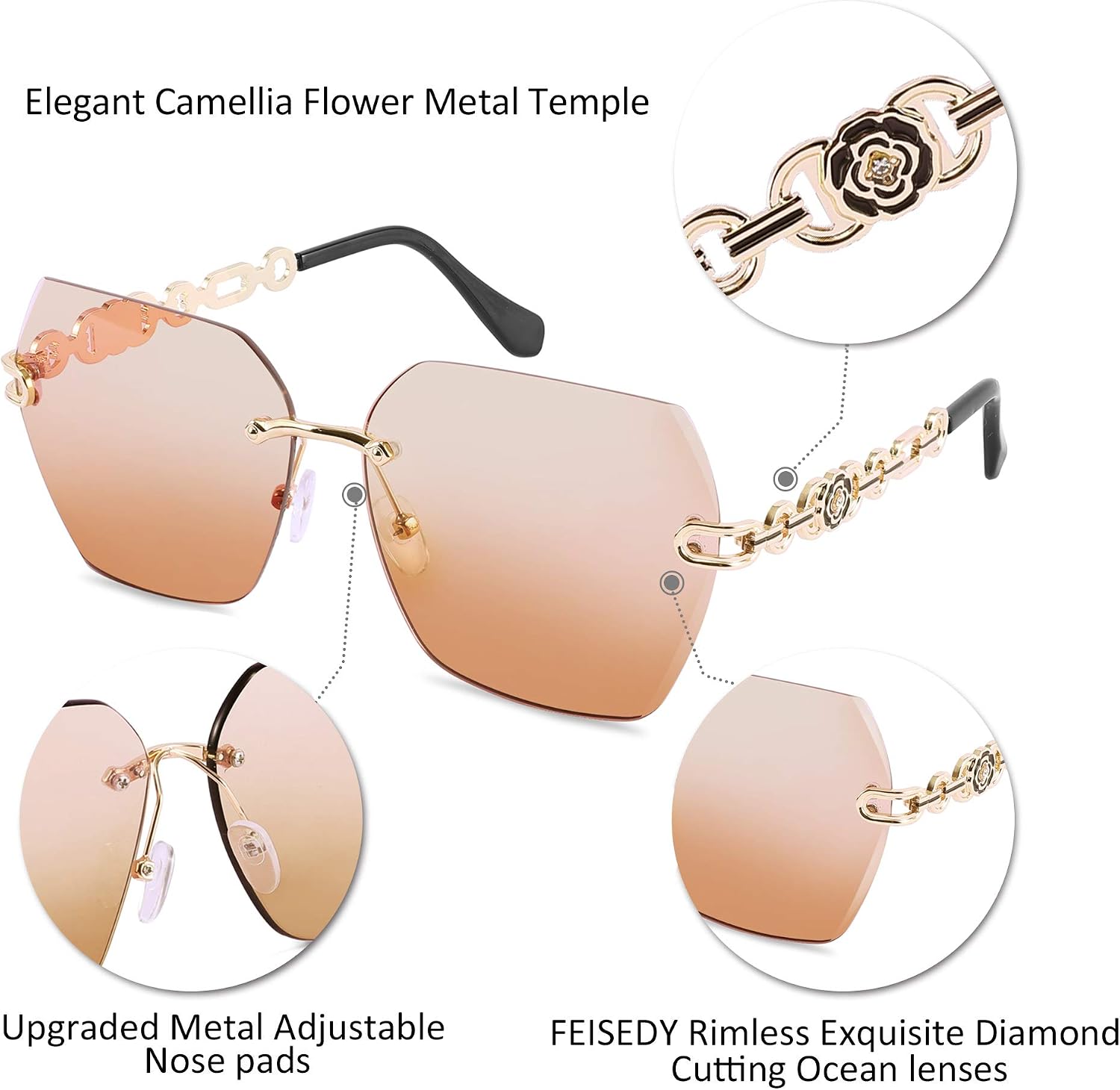 商品图片 58 | B083VRLS2Q | FEISEDY Classic Rimless Sunglasses Women Metal Frame Diamond Cutting Lens Sun Glasses B2567