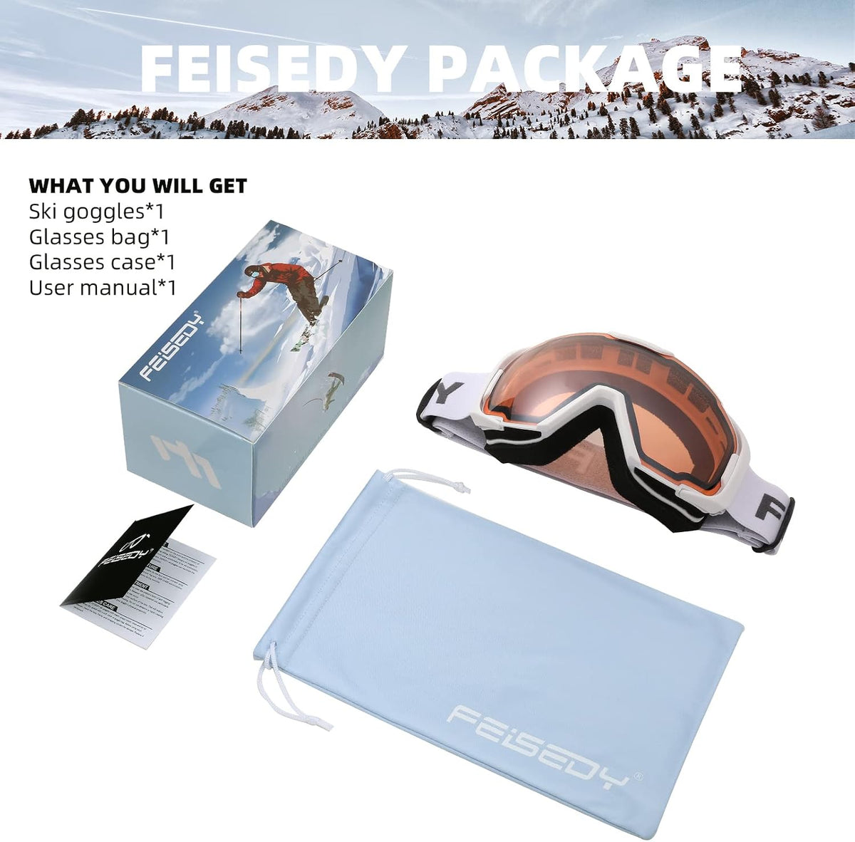 商品图片 67 | B0GHRB6WCQ | FEISEDY Ski Goggles, OTG Snow Sport Goggles for Adult Youth, Anti-Fog UV400 Protection Bendable Dual-Lenses B2961
