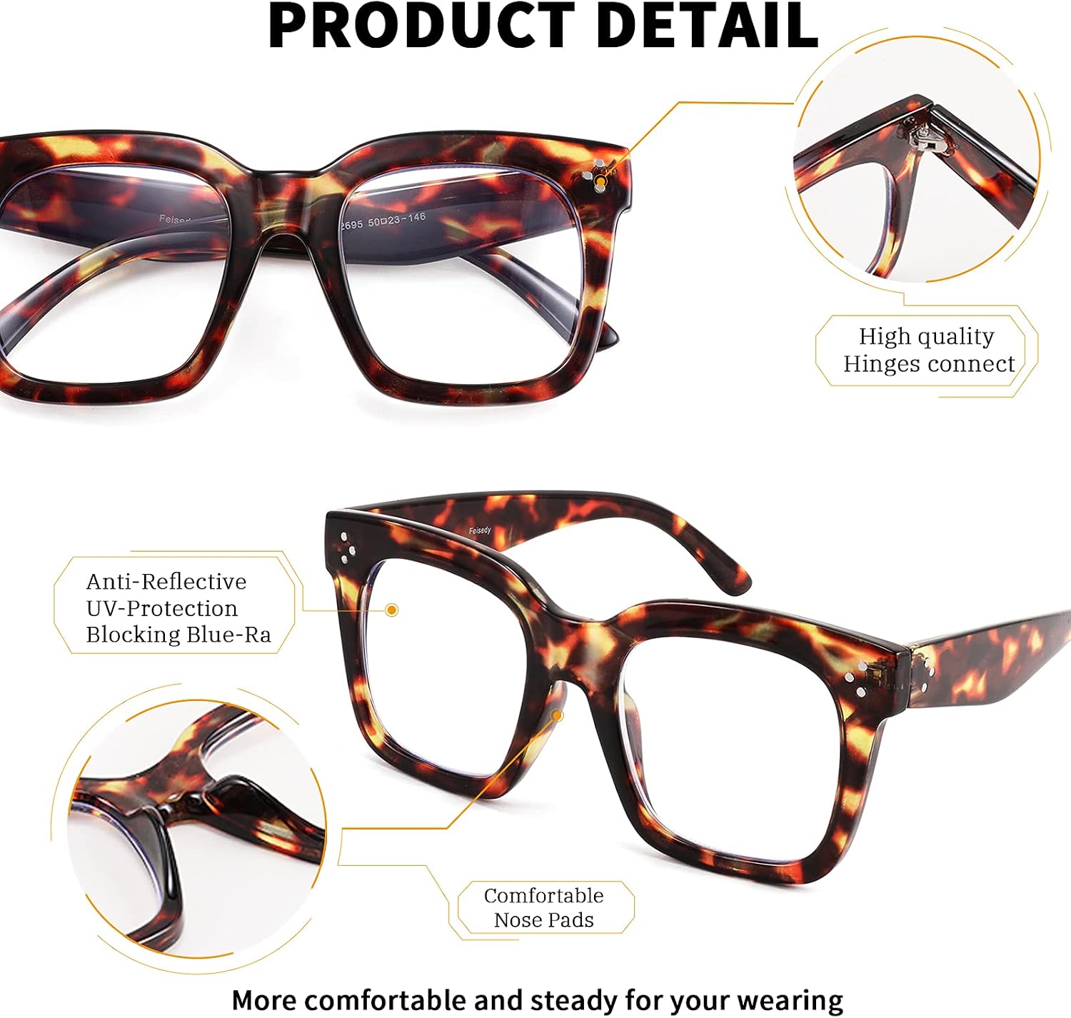 商品图片 11 | B08ZMQ47KD | FEISEDY Blue Light Blocking Reading Glasses Oversized Readers Designer Luxury Square Eyewear Frame B2695FR