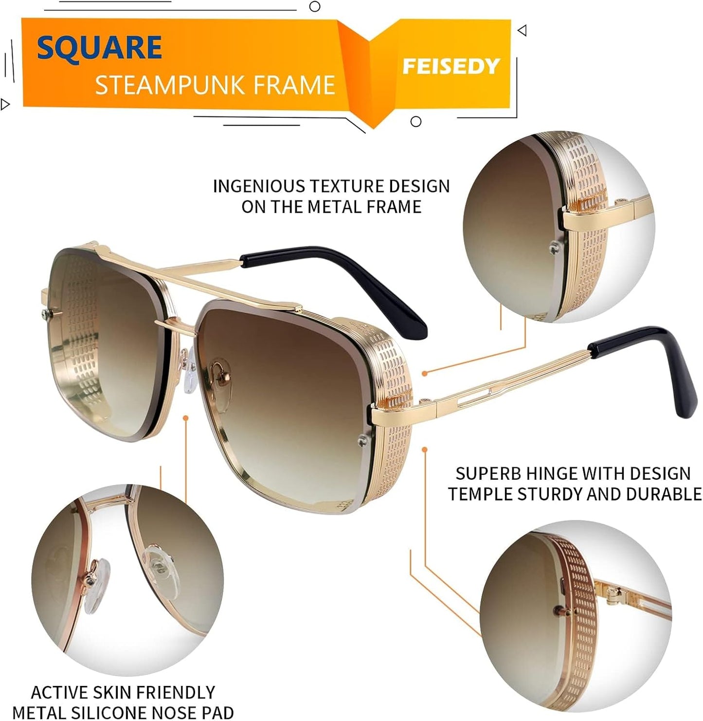 商品图片 6 | B09SDC5BD5 | FEISEDY Sunglasses Mens Women Vintage Pilot Square Trendy Metal Steampunk Fishing Driving Sun Glasses B2894