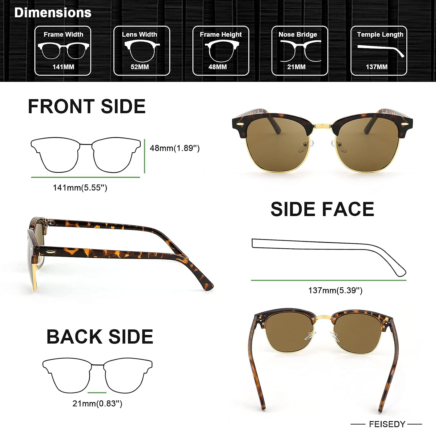 商品图片 4 | B093PN4RN2 | FEISEDY Sunglasses for Men Women Finish Semi-Rimless Frame Driving Sun glasses Mirror Lens 100% UV Blocking B2242 (3 Pack)