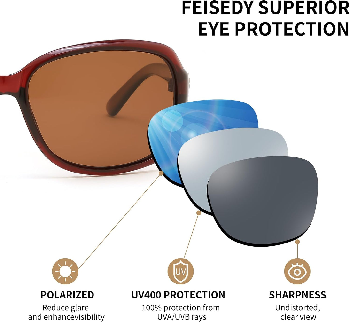 商品图片 47 | B0FZKDK786 | FEISEDY Polarized Sunglasses for Women Classic Vintage UV400 Shade | Trendy Square Wraparound Ladies Sun Glasses B0309