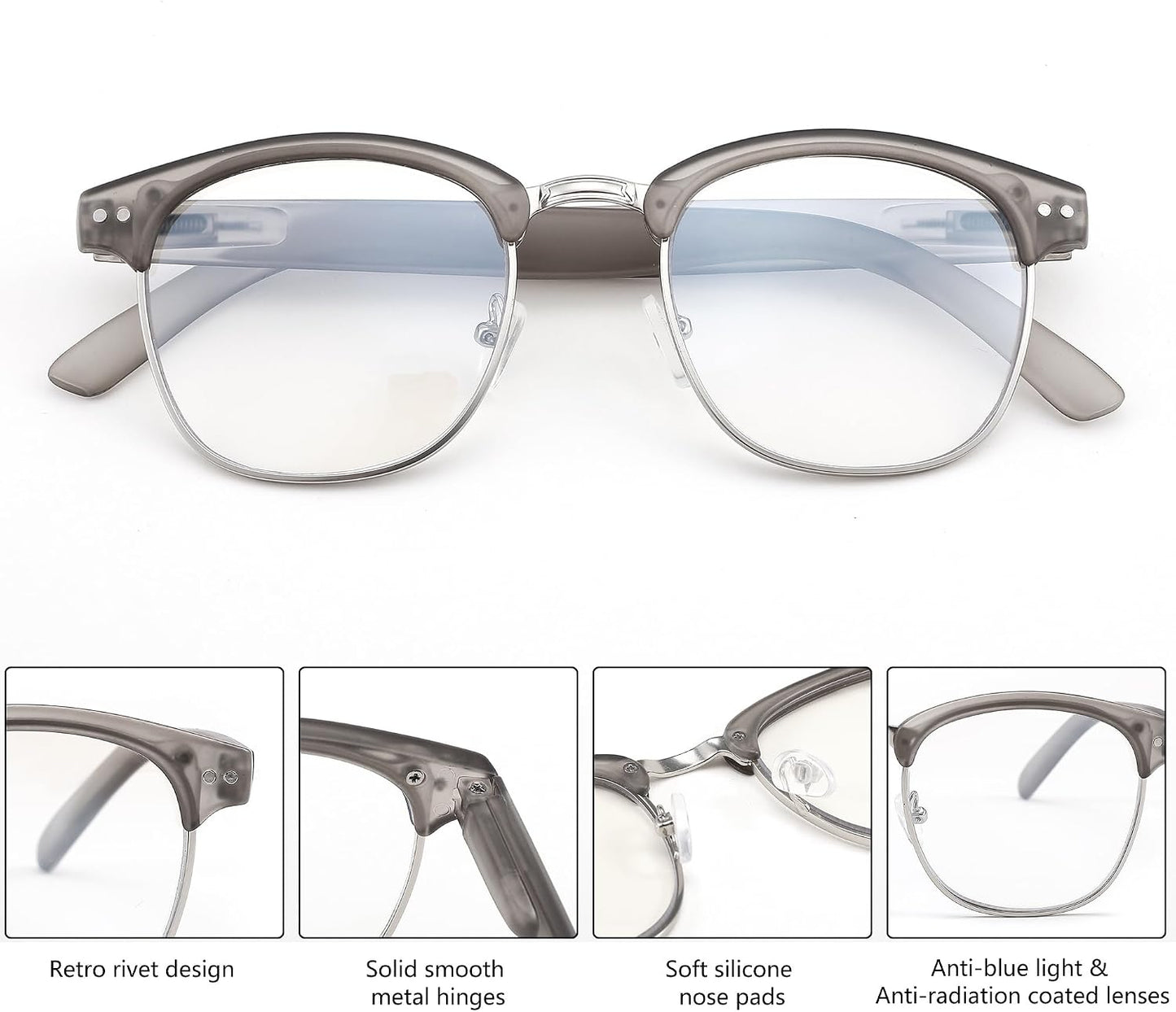 商品图片 5 | B0C73XCW57 | FEISEDY Reading Glasses Classic Half Frame Retro Semi-Rimless Clear Lens Blue Light Blocking Glasses B0005