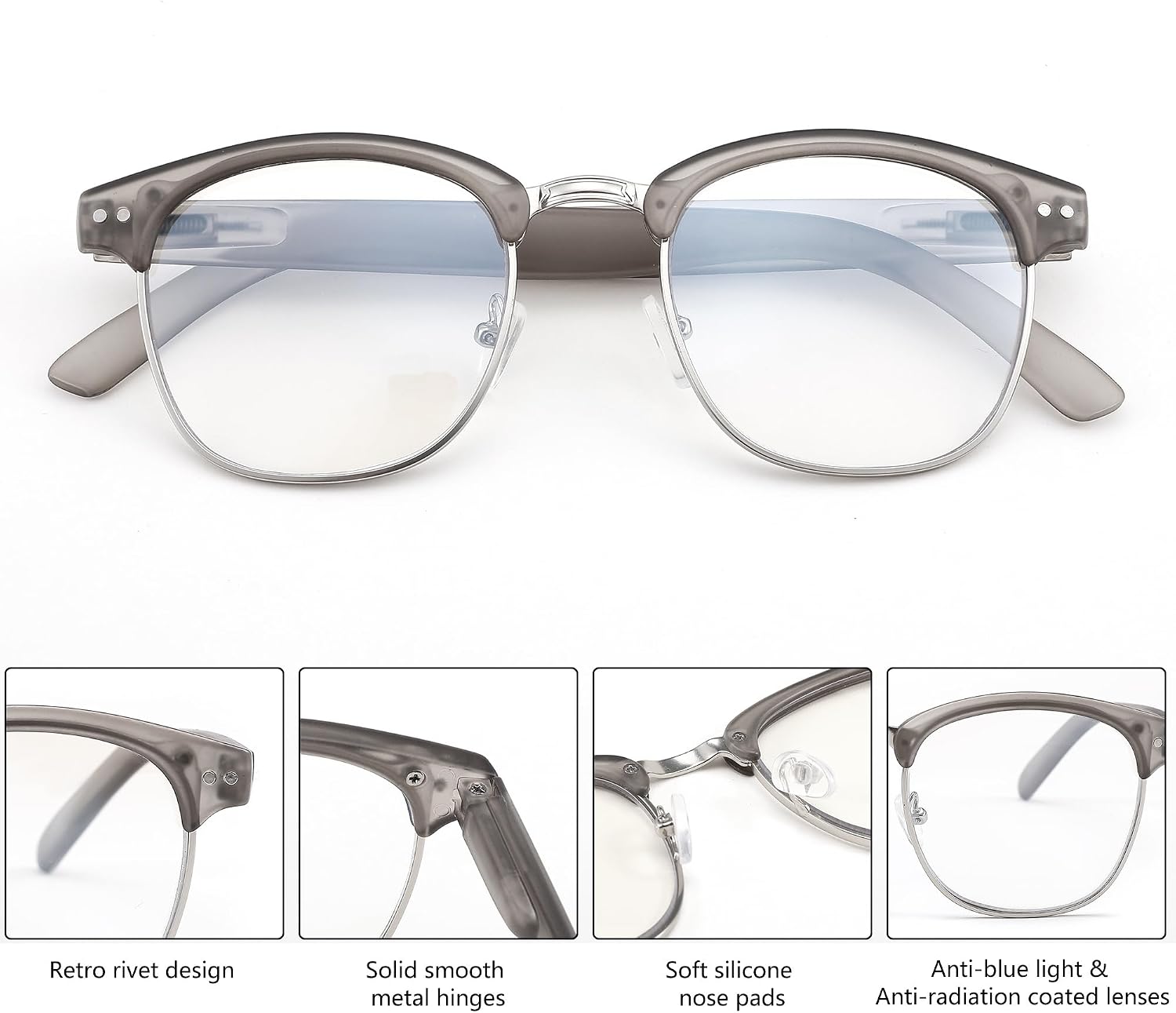 商品图片 5 | B0C73XCW57 | FEISEDY Reading Glasses Classic Half Frame Retro Semi-Rimless Clear Lens Blue Light Blocking Glasses B0005