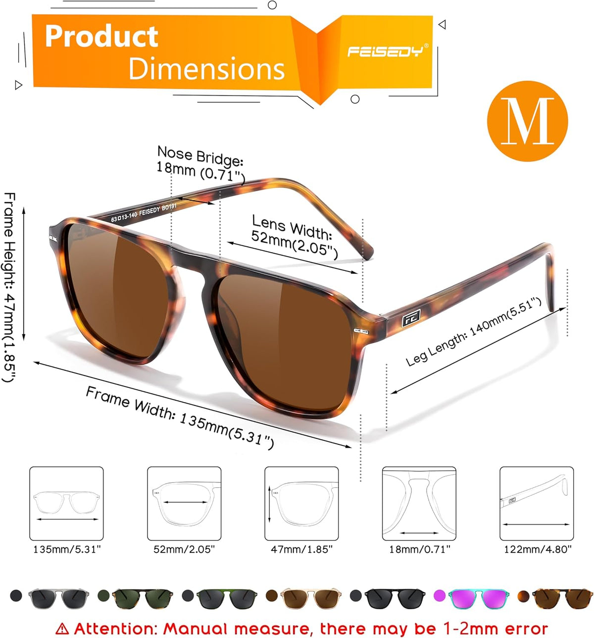ÉÌƷͼƬ 54 | B0F4D461TF | FEISEDY Polarized Aviator Mens Sunglasses Square Modern Women Vintage Style Acetate Frame UV400 B0191