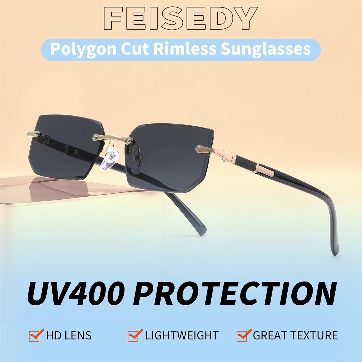 商品图片 3 | B0CY2Q4VW1 | FEISEDY Rimless Sunglasses Y2K Retro Small Narrow Rectangle Shades B2643