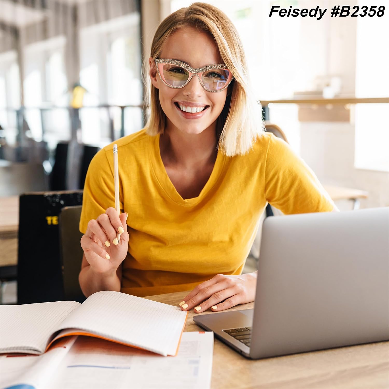 商品图片 11 | B0BLH5NHK8 | FEISEDY Diamond Blue Light Blocking Glasses Cat Eye Rhinestone Women Oversized Anti Eyestrain Computer Glasses Frame B2358