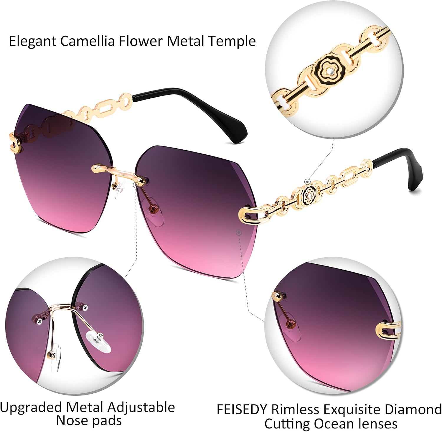 商品图片 42 | B083VRLS2Q | FEISEDY Classic Rimless Sunglasses Women Metal Frame Diamond Cutting Lens Sun Glasses B2567