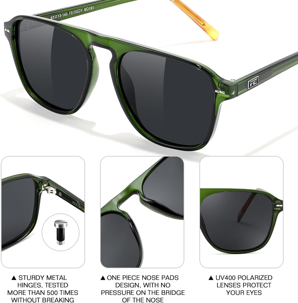 ÉÌƷͼƬ 22 | B0F4D461TF | FEISEDY Polarized Aviator Mens Sunglasses Square Modern Women Vintage Style Acetate Frame UV400 B0191