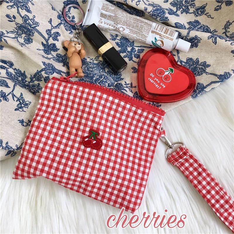 商品图片 6 | B0H2HN71LH | Cherry Coin Purse, Red Checkered Embroidered Cherry Canvas Makeup Bag, Sanitary Napkin Storage Pouch with Wrist Strap