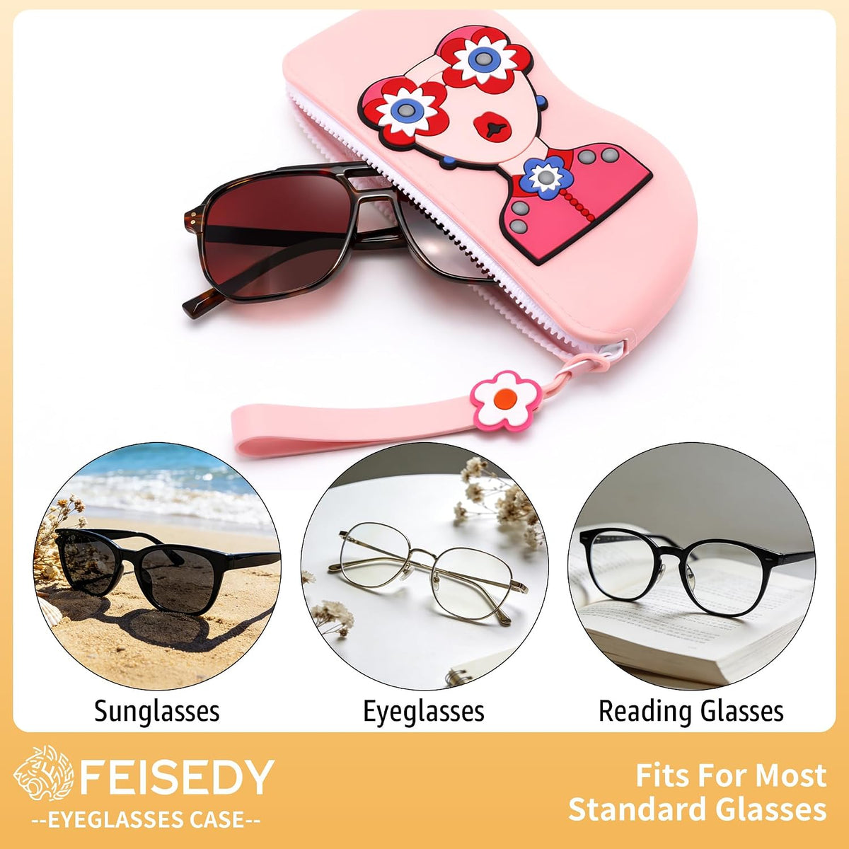 ÉÌƷͼƬ 5 | B0GFYLNWFJ | FEISEDY 2Pack Cartoon Silicone Glasses Pouch with Carrying Strap Cute Protective Eyewear Case for Travel B0386