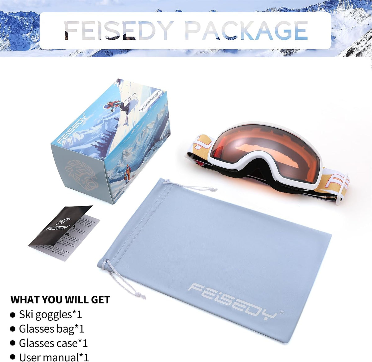商品图片 12 | B0CHF64BPK | FEISEDY Kids Ski Goggles,Snowboard Goggles for Boys Girl Youth,OTG Anti Fog UV Protection Snow Goggles B0019