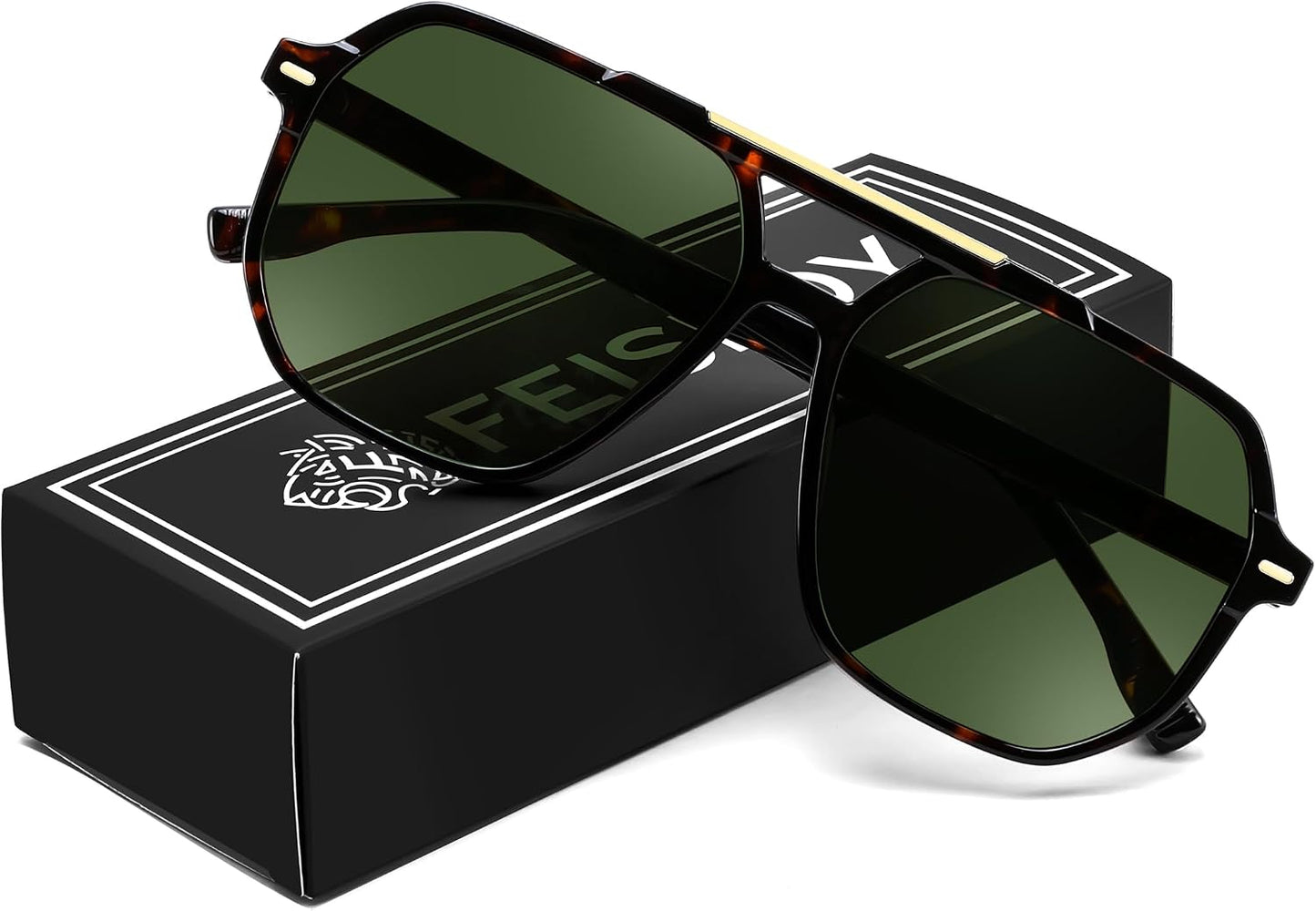 Tortoise/Green / 57 Millimeters | B0H714R36G | FEISEDY Retro Aviator Sunglasses for Women Men 70s Square Sun Glasses B0281