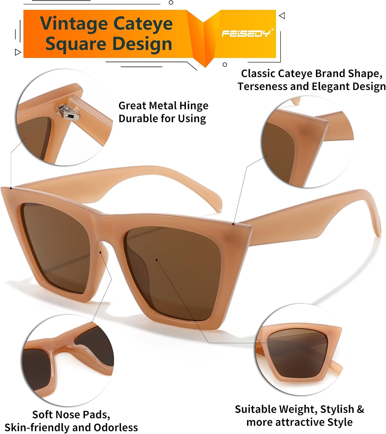 商品图片 30 | B0C5378735 | FEISEDY Vintage Square Cat Eye Sunglasses Women Trendy Cateye Sunglasses B2473