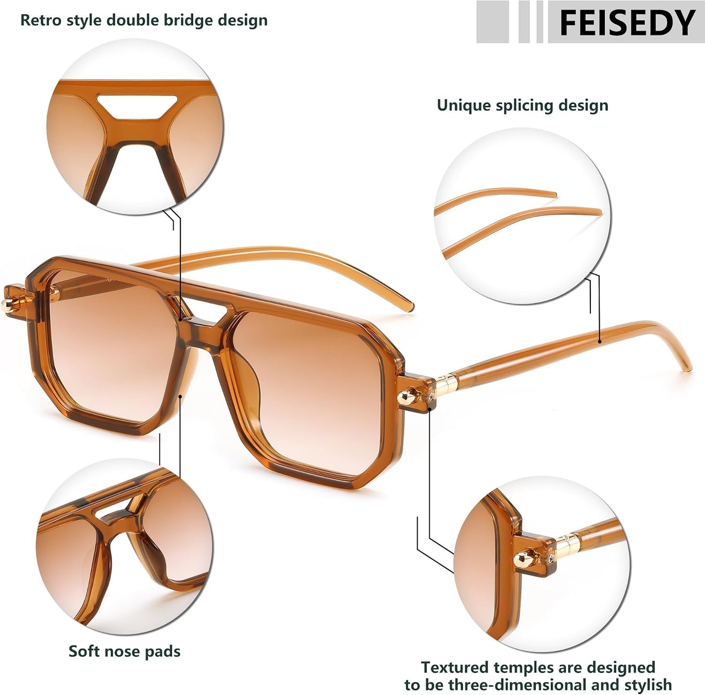 商品图片 94 | B09YTJ4FQZ | FEISEDY Vintage Square 70s Flat Aviator Sunglasses Women Men Classic Retro Stylish Frame UV400 Sunglasses B2622