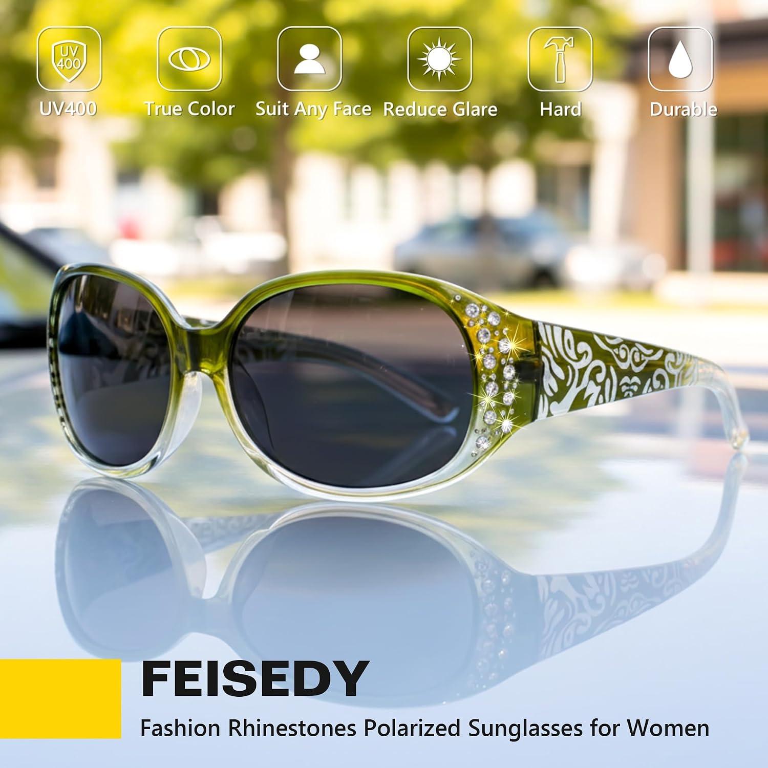 商品图片 13 | B0FZT6D16L | FEISEDY Women's Polarized Sunglasses Wrap Around Rhinestone Design Fashion Sunnies UV400 Protection B1091