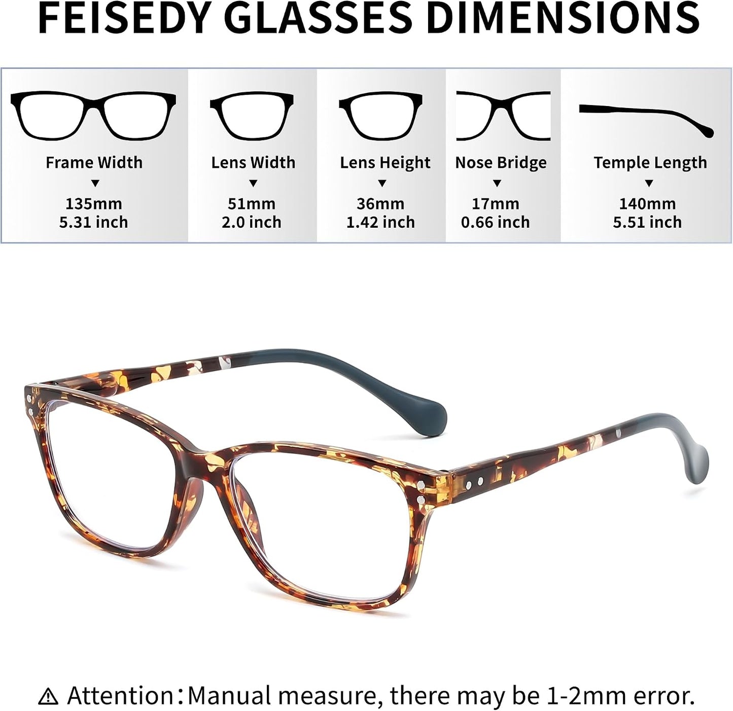 商品图片 6 | B0FZT83JWY | FEISEDY 2 Pack Retro Blue Light Reading Glasses Rectangular Tortoise B0369