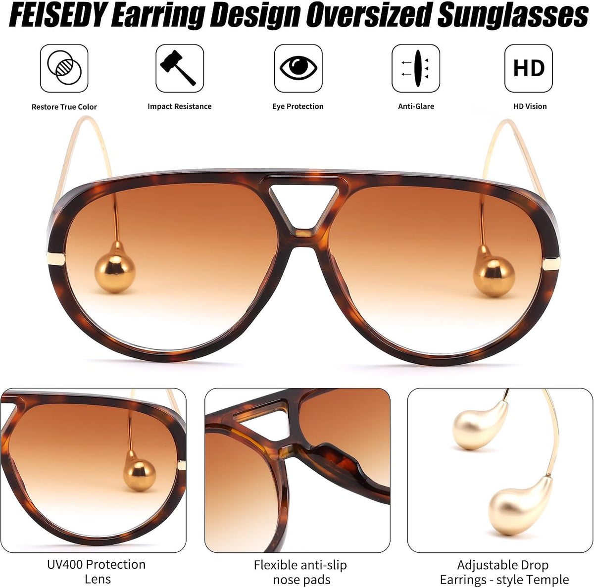 ÉÌƷͼƬ 10 | B0F8N8W8JM | FEISEDY Oversized Aviator Sunglasses With Earring Design for Women Large Big Frame Luxury Designer Shades for Ladies B0296