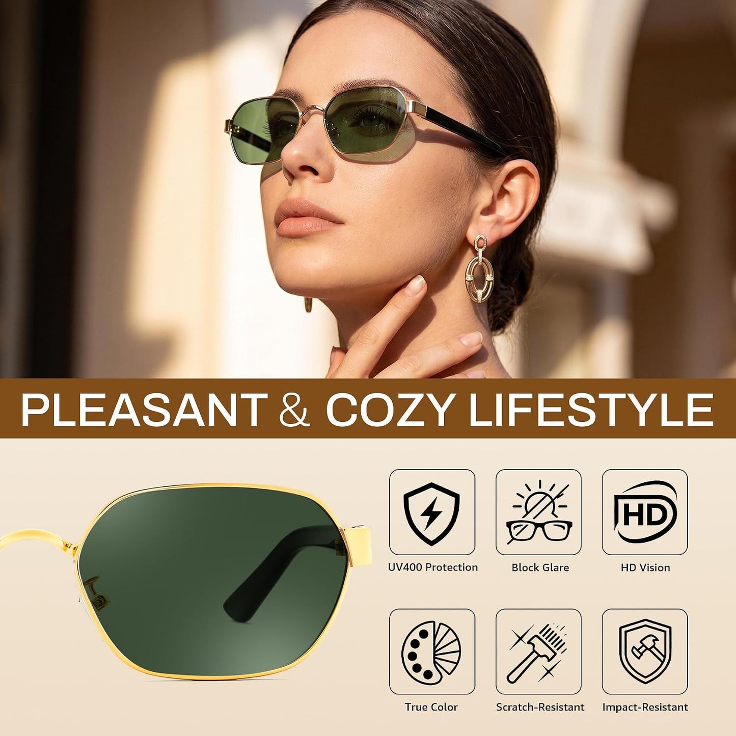 商品图片 11 | B0GY42ZV46 | FEISEDY Women and Men UV400 Protection Sunglasses, Polygon Square Metal Frame Retro Stylish Shades B0452