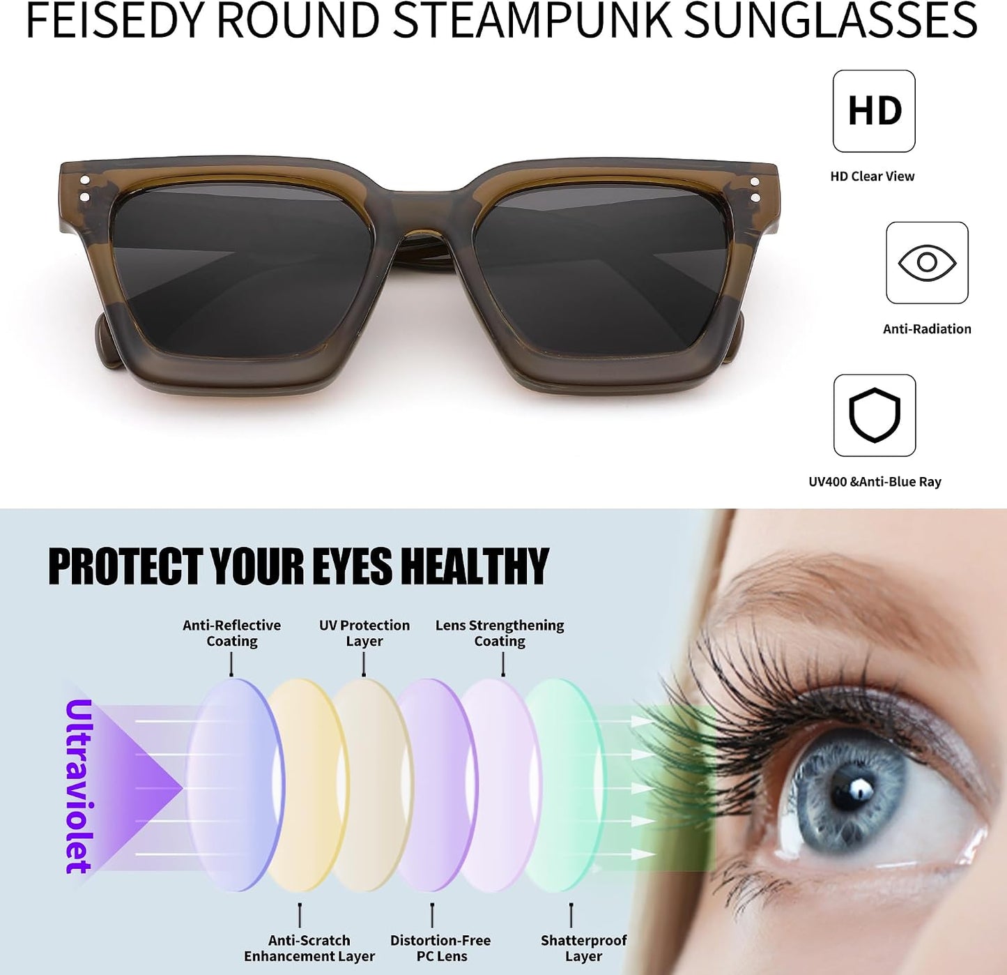 商品图片 15 | B0C9J9VMJL | FEISEDY Sunglasses Men Women Polarized, Chunky Square Thick Frame, Rectangle UV400 Shade Sun Glasses B2396