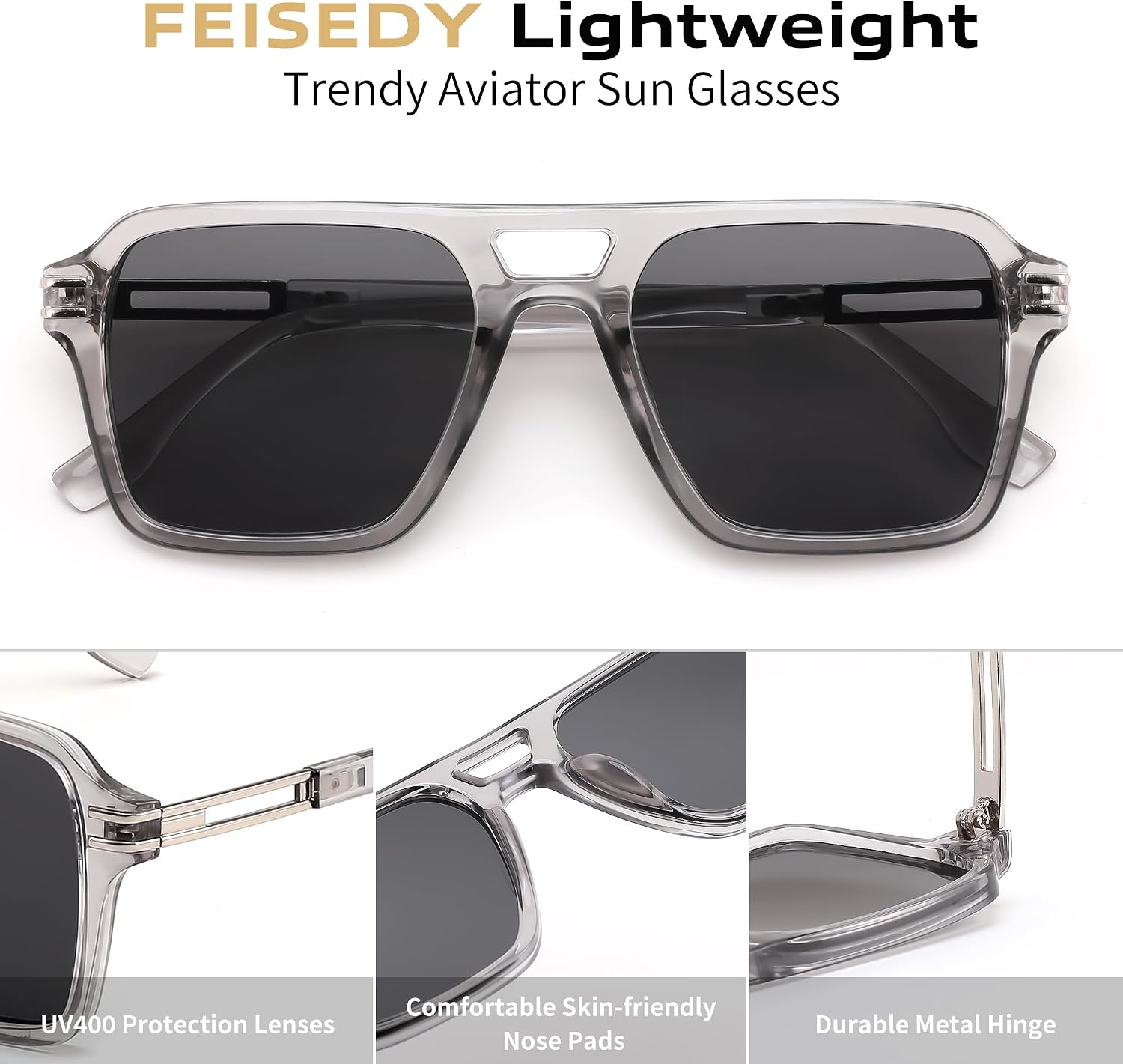 商品图片 17 | B0GVNPDBZQ | FEISEDY Retro Aviator Sunglasses Women Men 70s Trendy Square Shades B0422