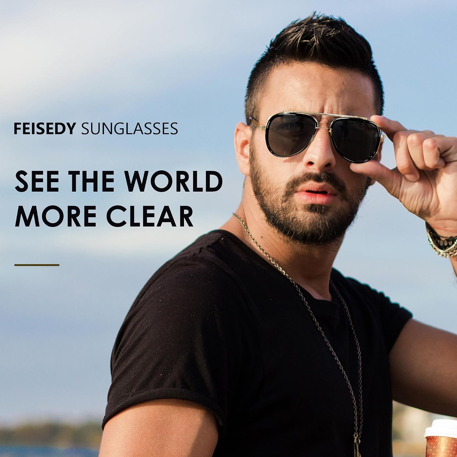商品图片 2 | B0CF232CFR | FEISEDY Aviator Sunglasses Men Women, Square Retro 70s Vintage Classic Frame, UV400 Driving Fishing Golf Hiking B0036