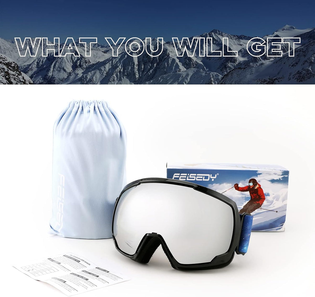 商品图片 80 | B0GHRB6WCQ | FEISEDY Ski Goggles, OTG Snow Sport Goggles for Adult Youth, Anti-Fog UV400 Protection Bendable Dual-Lenses B2961