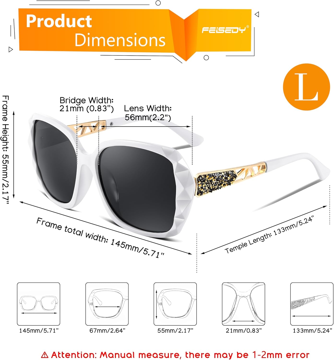 商品图片 42 | B079GT4RXH | FEISEDY Polarized Women Square Sunglasses Sparkling Composite Shiny Frame B2289