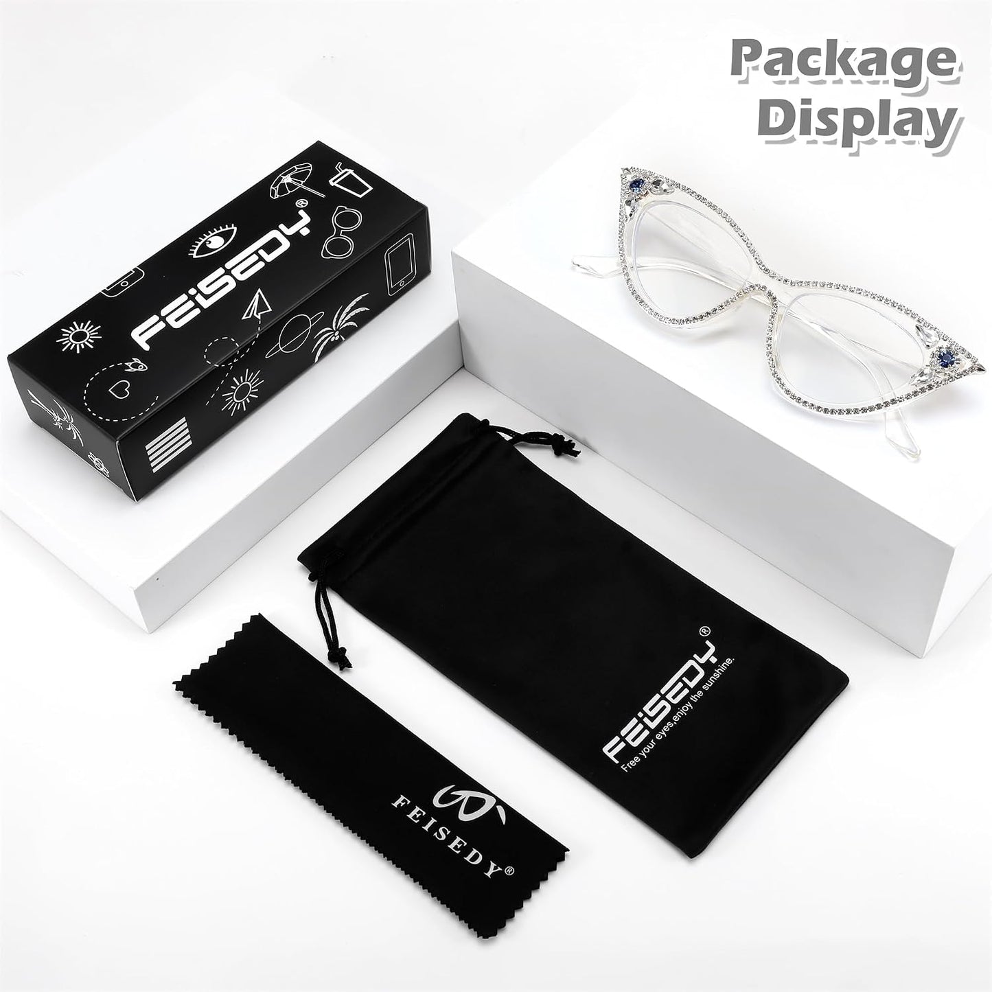 商品图片 15 | B0CQ55685Z | FEISEDY Diamond Blue Light Blocking Glasses Cat Eye Rhinestone Women Glasses Frame Anti Eyestrain Computer Eyewear B0070